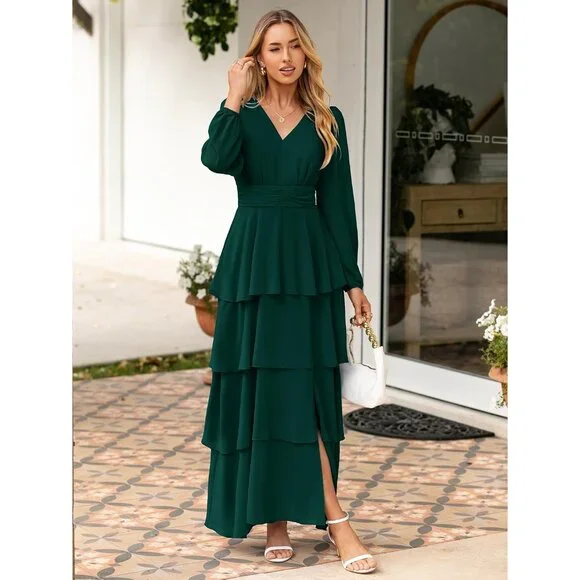 Chic Dark Green Flowy Maxi Dress for Women - Long Sleeve V Neck & Ruffle  Hem - www.sanvalentin.cl